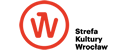 Logotyp Strefa Kultury Wrocław. Czerwona literka W w czerwonym okręgu. Po prawej stronie na dole napis: Strefa Kultury Wrocław